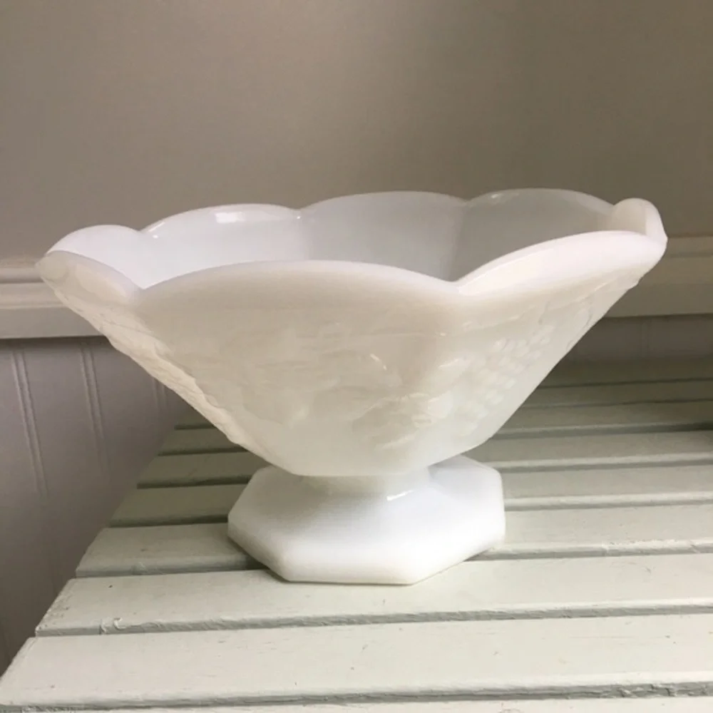 Vintage Footed Milk Glass Bowl with Grapevine Pattern